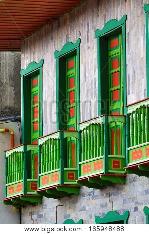 September 23, 2016 Filandia, Colombia: colonial style wooden balconies in the centre of the coffee producing small town