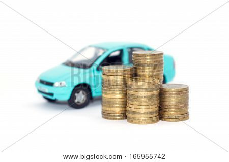 car on a white background with coins