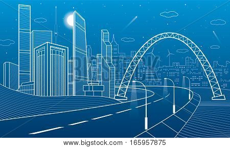Highway under the bridge. Night city on background, neon town, business buildings, towers and houses on skyline, infrastructure illustration, airplane fly, urban scene, vector design art