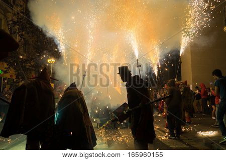 BarcelonaSpain Aug 21: Fireworks in Gracia Barcelona's district during the traditional fire run.