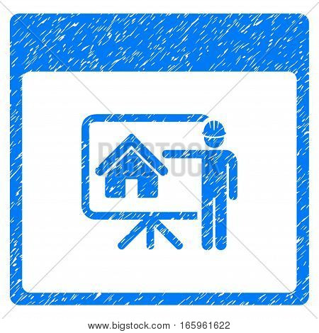 Realty Developer Calendar Page grainy textured icon for overlay watermark stamps. Flat symbol with dirty texture. Dotted vector blue ink rubber seal stamp with grunge design on a white background.