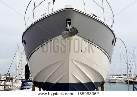 boat is in dry dock front view
