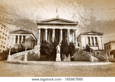 old vintage sepia photo of National library Athens Greece