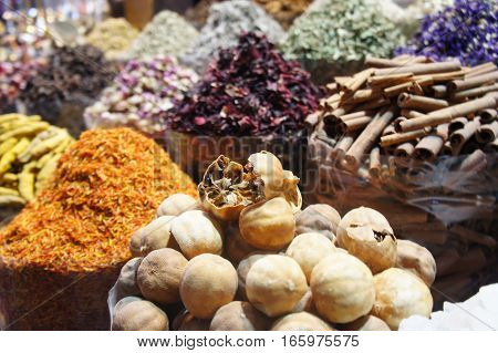 Several spices and herbs on an arabian spicemarket