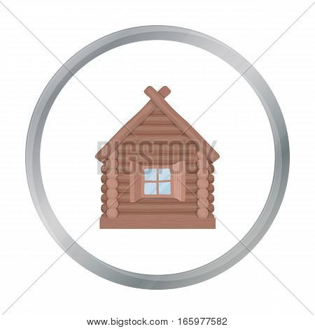 Wooden house icon in cartoon design isolated on white background. Russian country symbol stock vector illustration.