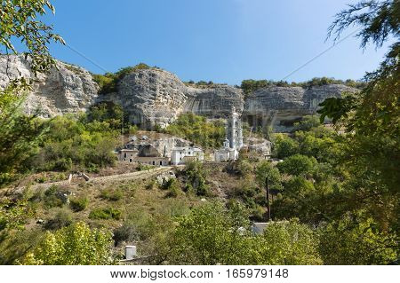BAKHCHYSARAY CRIMEA RUSSIA - SEPTEMBER 13.2016: the Construction of the Holy Dormition cave monastery