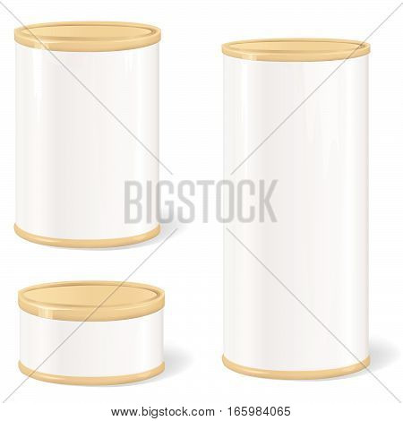 Metal Gift Box Set. Blank tincan collection with vintage label. Metal Tin Can. Retro Canned Food. Product Packing.