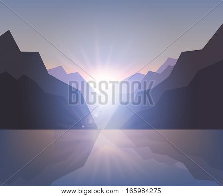 Stock vector illustration of a mountain landscape at sunset and at dawn on the lake with reflection in water for background, banner, website, printed materials, cards