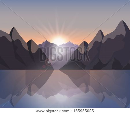 Stock vector illustration of a mountain landscape at sunset and at dawn on the lake with reflection in water for background, banner, website, printed materials, cards