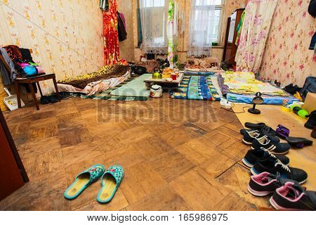 Sleeping and eating area for refugees in the temporary apartment for living (existence)