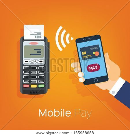 Mobile Pay payment for services shopping and entertainment. Hand with phone and payment terminal. Vector 