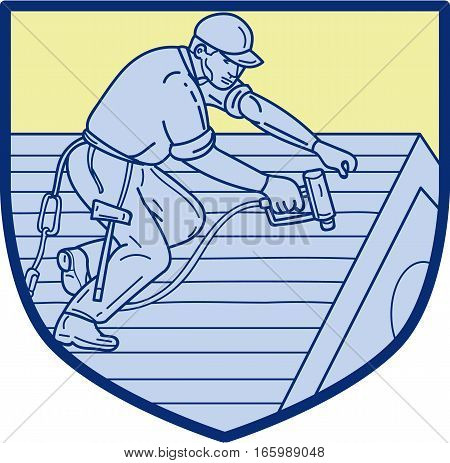Mono line style illustration of a roofer construction worker wearing hat working on roof with hand drill viewed from the side set inside shield crest.