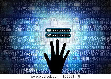 Phishing or hacking concept with black hand stealing password to hack personal information or download data.