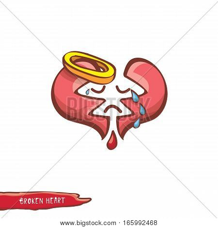 vector cartoon style red broken heart isolated on white background. vector concept icon of divorce, depression, bad mood, heart disease or unrecognized teen love.