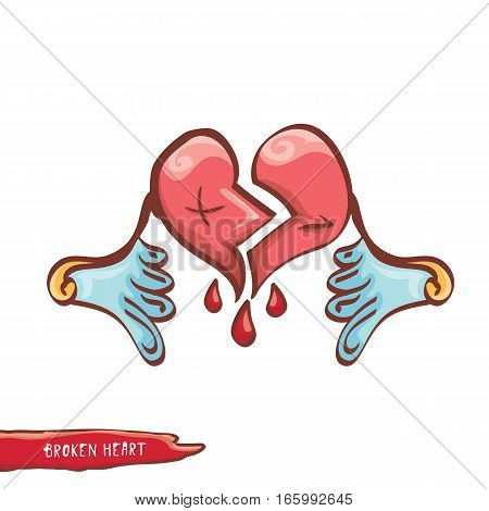 vector cartoon style red broken heart isolated on white background. vector concept icon of divorce, depression, bad mood, heart disease or unrecognized teen love.
