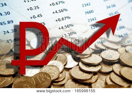 ruble coins and ruble symbol and digits