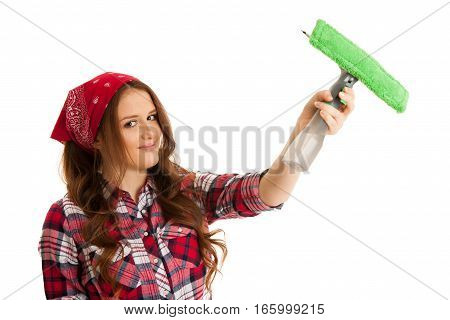Happy Young Woman Cleaning Windows Isolated Over White Vackground