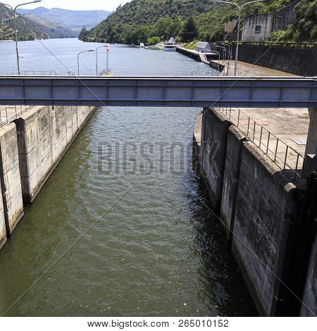 View Of The Canal Connecting The Lock To The Upstream Of The Douro River On The Regua Dam, Also Call
