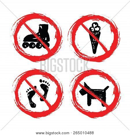 Prohibition Signs - Set Of Hand-drawn Signs - Skates Ice Cream Foot Dog - Grunge