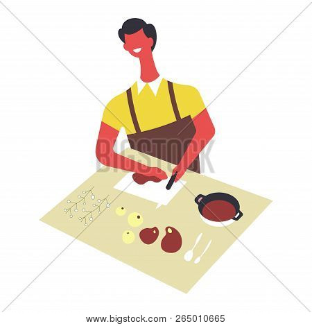 Man In Apron Cooks Food And Serves In Bowls. Male Character Prepares Dishes On Table.