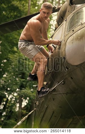 Ambition, Dream, Priority Concept. Man Climb On Helicopter In Forest. Goal, Achievement, Success. Tr