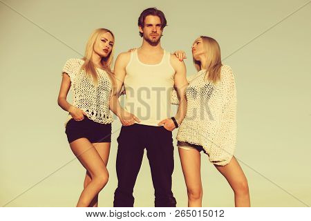 Love And Romance. Blonde And Guy With Athletic Chest. Beauty And Fashion. Man With Muscular Body Wit
