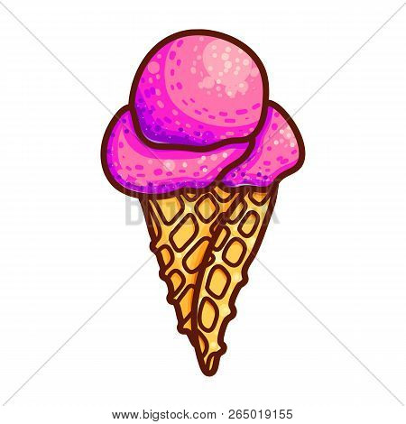 Ice Cream Waffle Cone Hand Drawn Color Vector Illustration. Icecream Balls In Belgian Waffer Clipart
