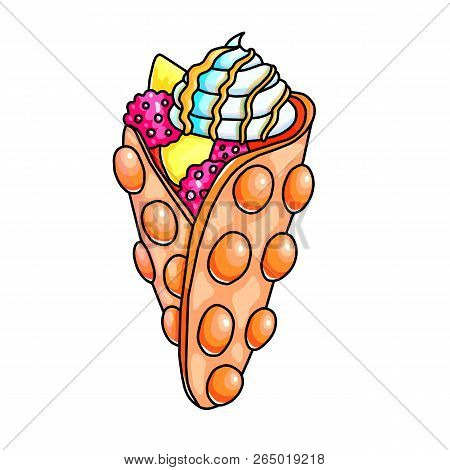 Bubble Waffle Color Hand Drawn Vector Illustration. Egg Waffle Ice Cream Cone With Fruits. Doodle Ho