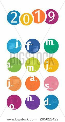 Calendar 2019 With The Design Of Months In The Form Of Circles With The Abbreviated Name Of The Mont