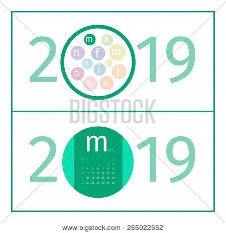 March Calendar Page Template 2019.  Design Of Months In Form Of Circles In The Middle Of Number 2019