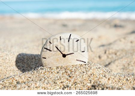 closeup of a round stone with a clock, drawn by myself, in it on the sand of a beach, with the sea in the background