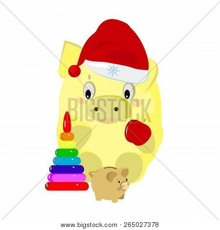Vector Illustration With Cute Piglet. Symbol New Year. Happy Chrismass.