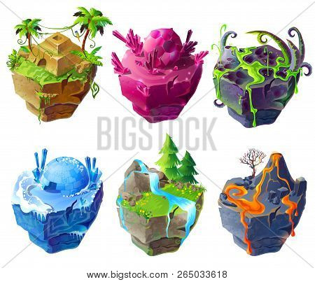 Isometric 3d Fantastic Islands For Game Design Set. Cartoon Illustration Tropical Temple, Icehouse F