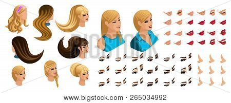 Isometric Create Emotions For Your Character, Young Girl. Set Beautiful Hairstyles And Emotions, Sad