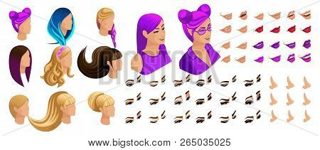 Isometric Create Emotions For Your Character, Young Girl. Set Beautiful Hairstyles And Emotions, Sad