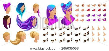 Isometric Create Emotions For Your Character, Young Girl. Set Beautiful Hairstyles And Emotions, Sad
