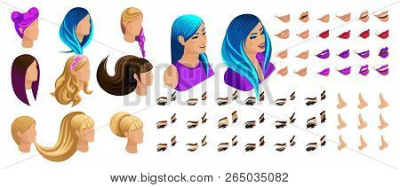 Isometric Create Emotions For Your Character, Young Girl. Set Beautiful Hairstyles And Emotions, Sad
