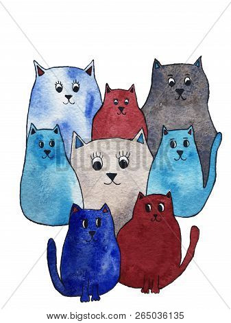 Watercolor Illustration Of Bright Cute Cats. Cartoon Characters.