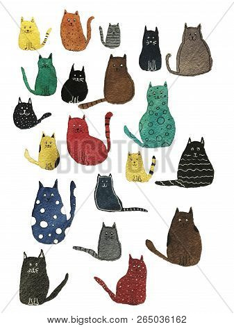 Watercolor Illustration Of Bright Cute Cats. Cartoon Characters.