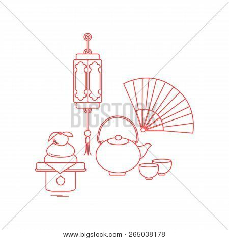 Eastern New Year Symbols. Chinese Lantern, Kettle With Two Cups, Fan, Kagami Mochi. Festive Traditio
