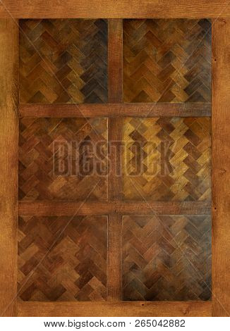 Old wooden maple table with fishbone pattern top view