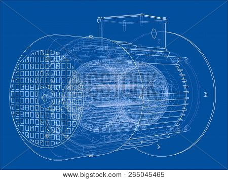 Electric Motor Sketch. Vector Rendering Of 3d. Wire-frame Style. The Layers Of Visible And Invisible