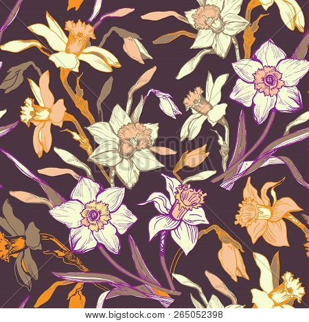 Briht Floral Seamless Pattern With Hand Drawn Flowers Daffodils, Narcissus. Colorful Floral Elements