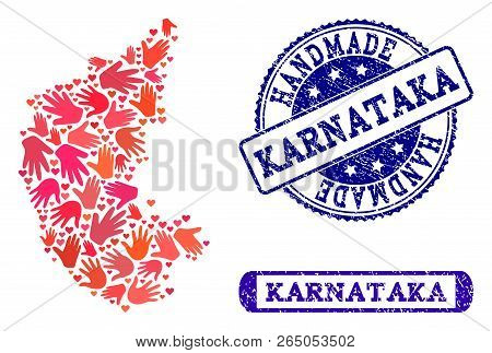 Handmade Craft Combination Of Mosaic Map Of Karnataka State And Corroded Seal Stamps. Mosaic Map Of 