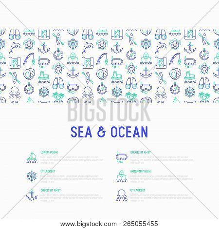 Sea And Ocean Journey Concept With Thin Line Icons: Sailboat, Fishing, Ship, Oysters, Anchor, Octopu