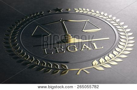 Legal Symbol With Scales Of Justice, Golden Sign Embossed On Black Paper Background. 3d Illustration