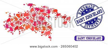 Handmade Craft Collage Of Mosaic Map Of Saint John Island And Rubber Seal Stamps. Mosaic Map Of Sain