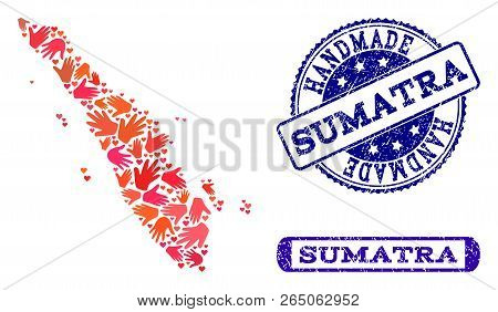 Handmade Craft Combination Of Mosaic Map Of Sumatra Island And Corroded Seal Stamps. Mosaic Map Of S