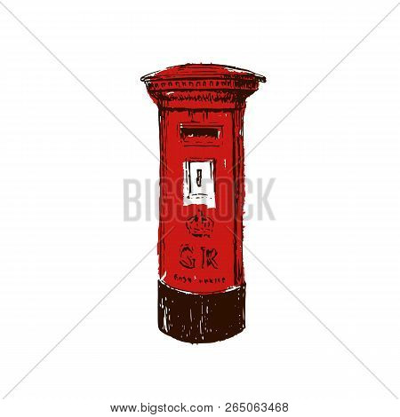 Traditional, British, Red, Royal Mail Pillar Box. Sketch Style Ink Pen.