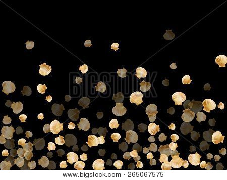 Gold Seashells Vector, Golden Pearl Bivalved Mollusks. Cute Scallop, Bivalve Pearl Shell, Marine Mol
